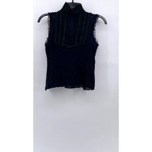 UNBRANDED Women's Navy Blue Sheer Ruffle Trim Lace Mock-Neck Top SZ S